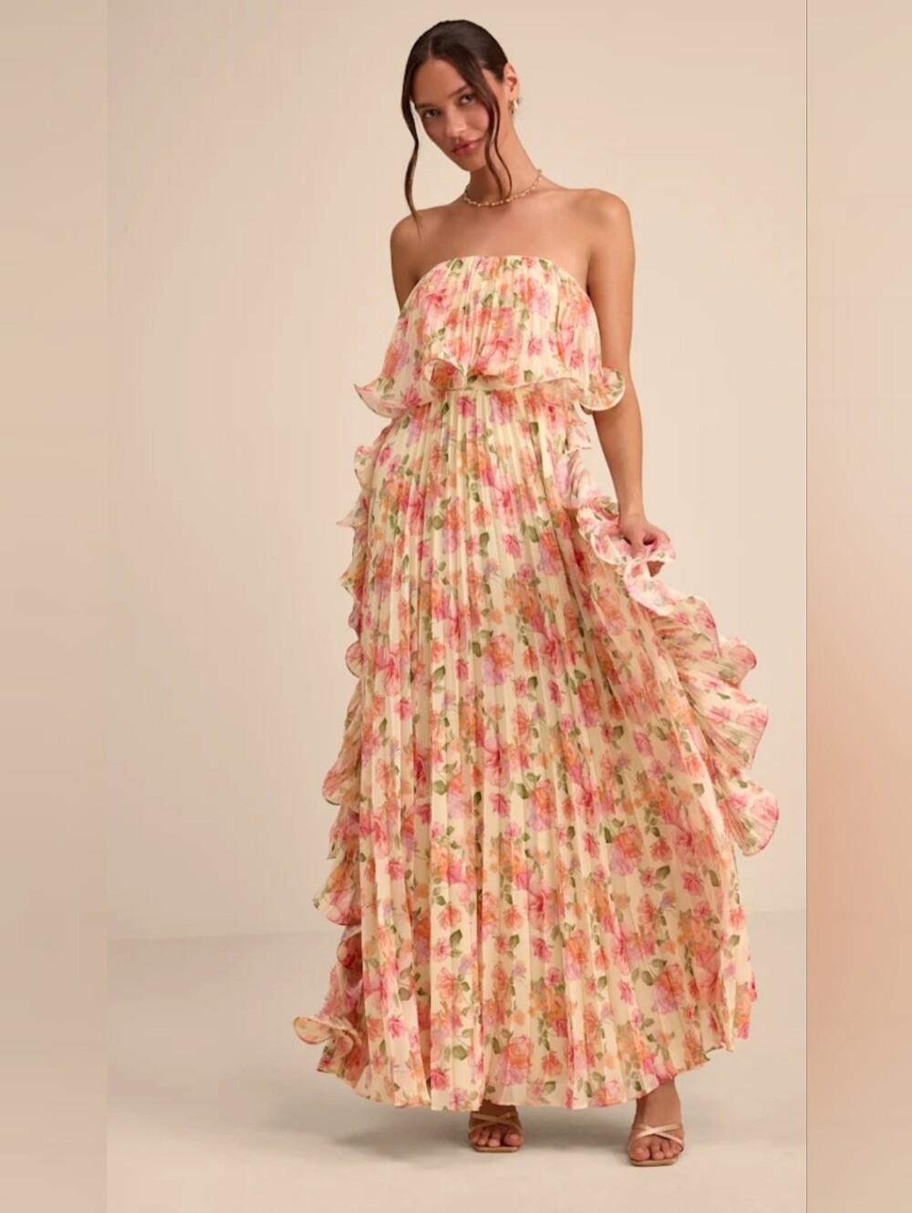 Lulu's Andri Light Yellow Floral Pleated Ruffled Maxi Dress